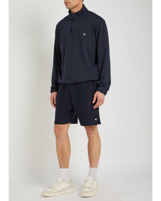 Emporio Armani Blue Logo-Embroidered Half-Zip Cotton-Blend Sweatshirt for men