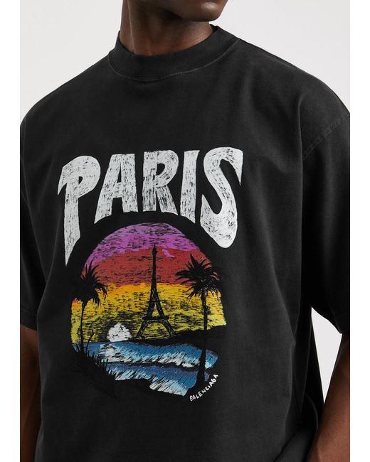 Balenciaga Black Paris Tropical Printed Cotton T-Shirt for men