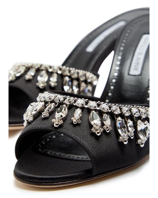 Manolo Blahnik Black Tulimu 70 Crystal-Embellished Satin Mules