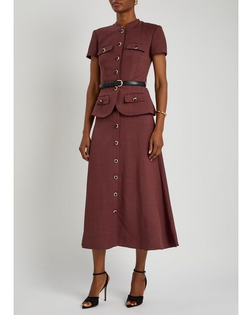 Self-Portrait Purple Peplum Belted Woven Midi Dress