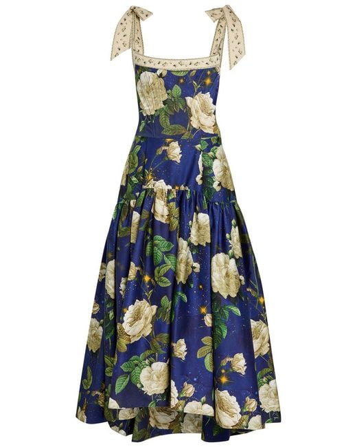 Alice + Olivia Blue Rosalee Floral Print Cotton-Blend Midi Dress