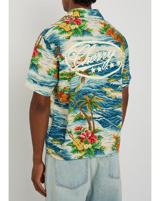 CHERRY LA Blue Hawaiian Vacation Printed Rayon Poplin Shirt for men
