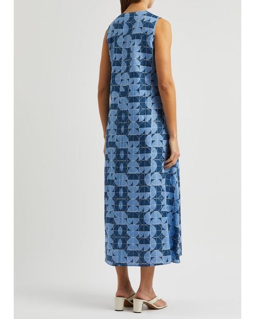 Max Mara Blue Urlo Printed Linen Midi Dress