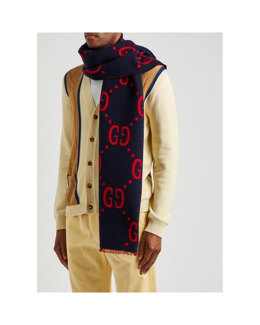Gucci Red Freedom Gg Wool And Silk-Blend Scarf, , Scarf, Frayed Ends for men