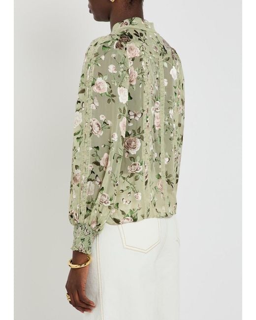 Alice + Olivia Green Arlette Floral-Devoré Chiffon Blouse