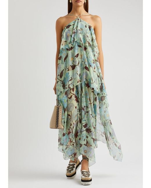 Stella McCartney Green Floral-print Tiered Silk Maxi Dress