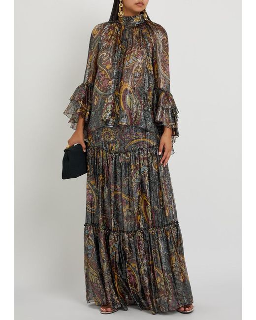 Etro Brown Printed Metallic-Silk Shirt