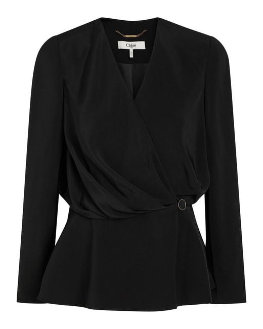 Chloé Black Draped Woven Wrap Blouse