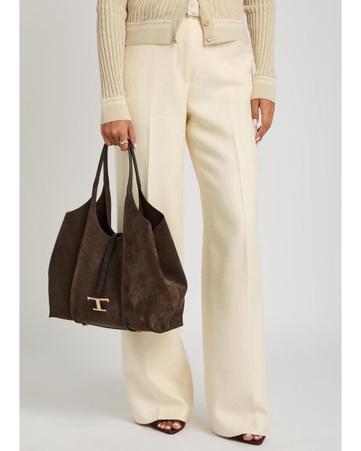 Tod's Brown T-Plaque Suede Tote