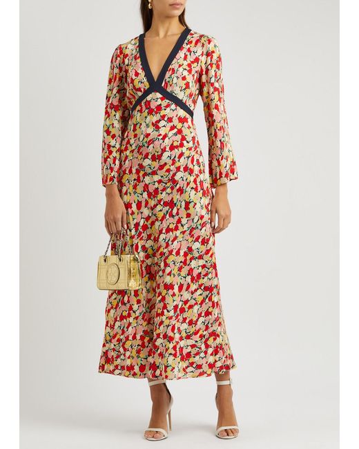 Rixo Red Tania Floral-print Crepe Midi Dress