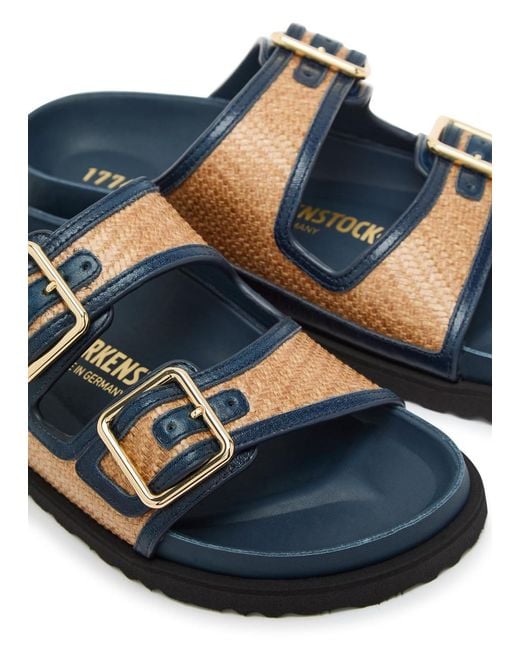 Birkenstock Blue Arizona Framed Raffia And Leather Sliders