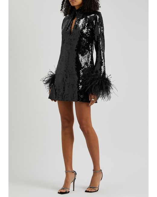 16Arlington Black Michelle Feather-trimmed Sequin Mini Dress