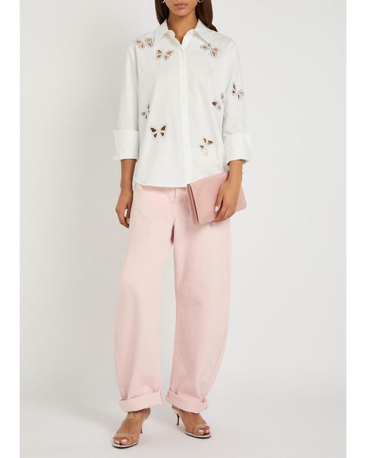 Alice + Olivia White Finely Embellished Cut-Out Woven Shirt