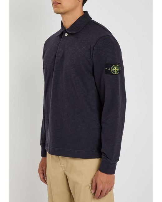 Stone Island Blue Logo Slubbed Cotton Polo Sweatshirt for men