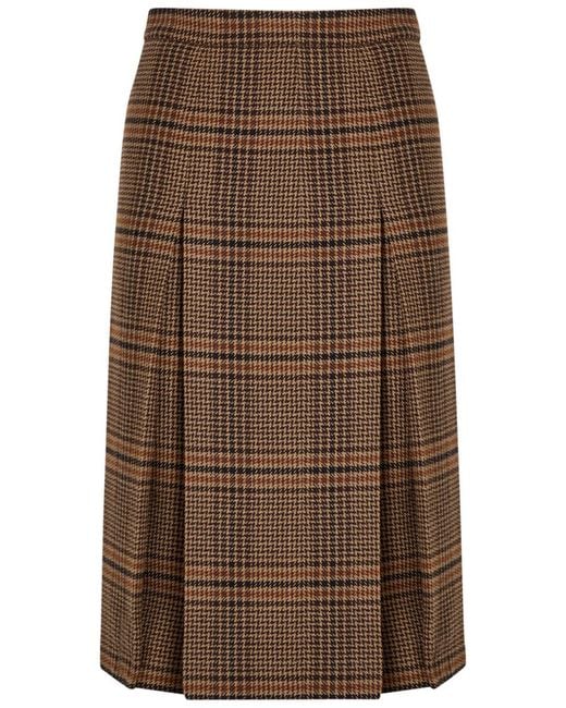 Saint Laurent Brown Houndstooth Inverted-Pleat Wool Midi Skirt