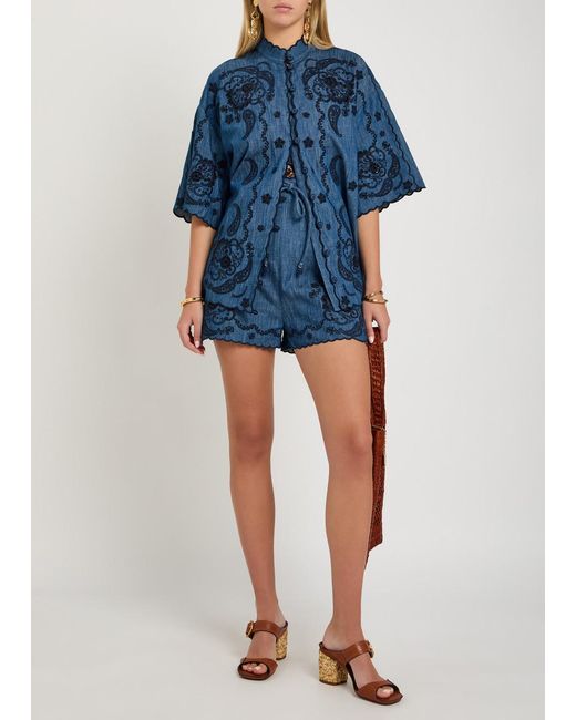 Zimmermann Blue Aster Embroidered Belted Denim Shorts