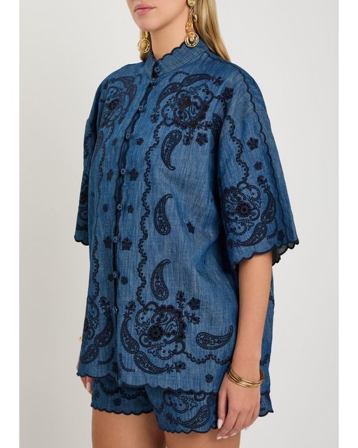 Zimmermann Blue Aster Embroidered Denim Shirt