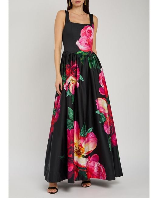 Alice + Olivia Red Tarrie Floral-Print Stretch-Cotton Maxi Dress