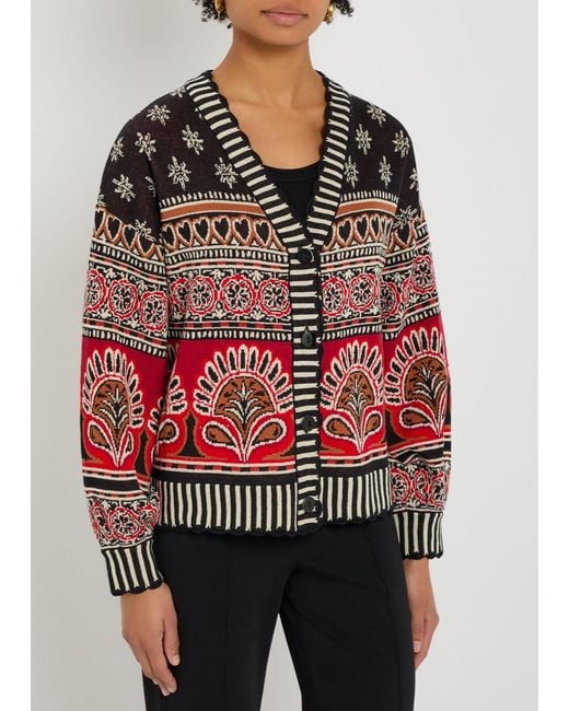 Farm Rio Red Ainika Groove Patterned Cotton Cardigan