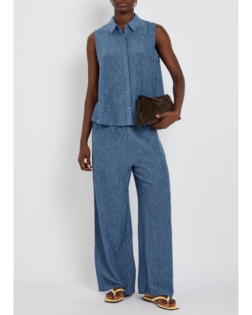Eileen Fisher Blue Crinkled Sleeveless Woven Shirt