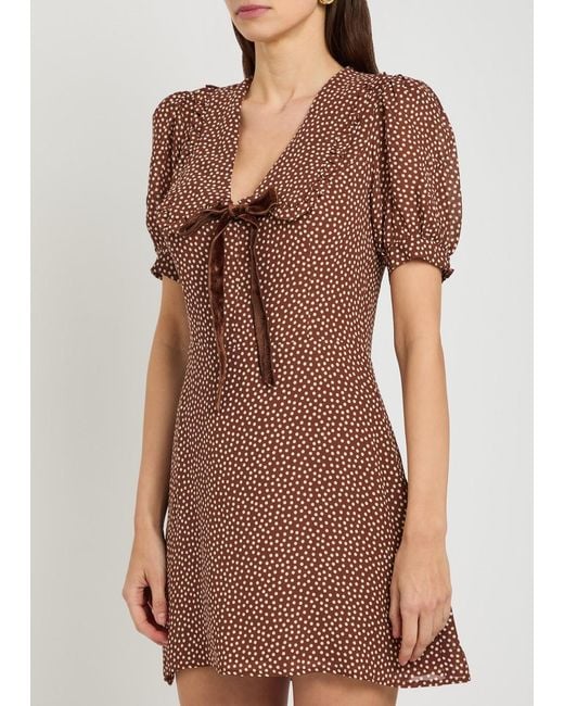 Reformation Brown Kaylia Polka-Dot Appliquéd Chiffon Mini Dress