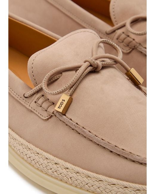 Tod's Brown Raffia-Trim Suede Loafers