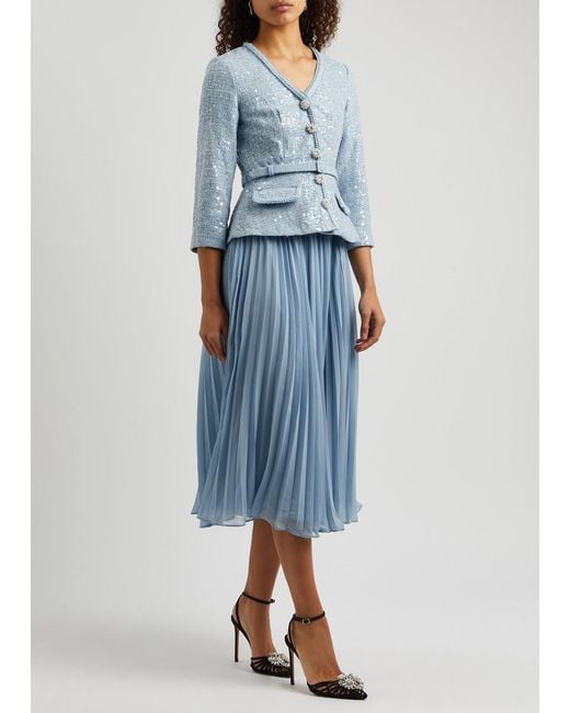 self-portrait belted cloqu and pleated chiffon midi dress SELF-PORTRAIT Belted Embellished Boucl and Lace-Trimmed Pleated Chiffon Midi Dress