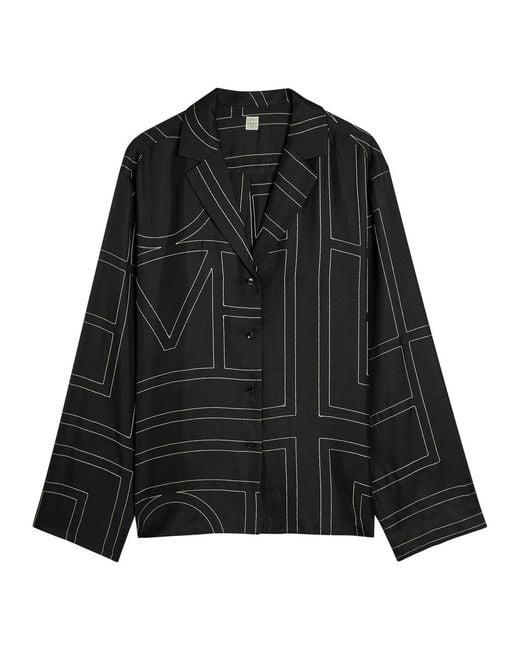 Totême Black Logo-Embroidered Silk-Satin Shirt