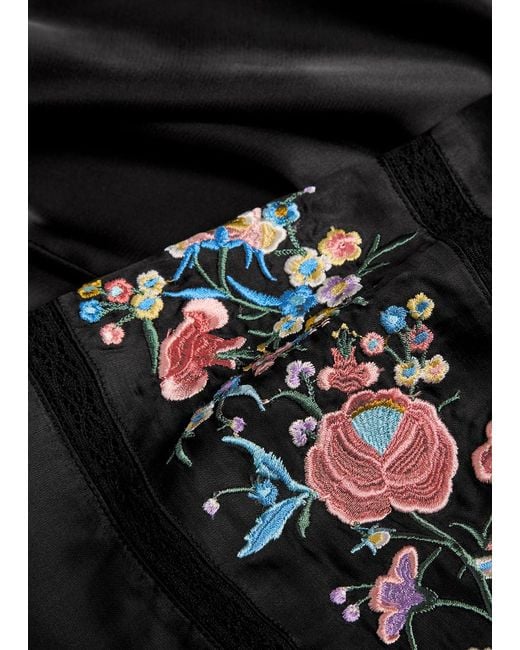 Rixo Black Carey Embroidered Satin Midi Dress