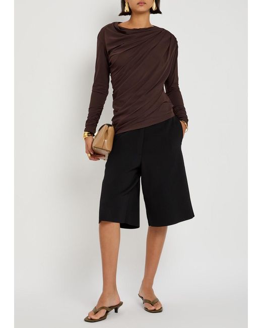 High Brown Aslant Draped Stretch-Jersey Top
