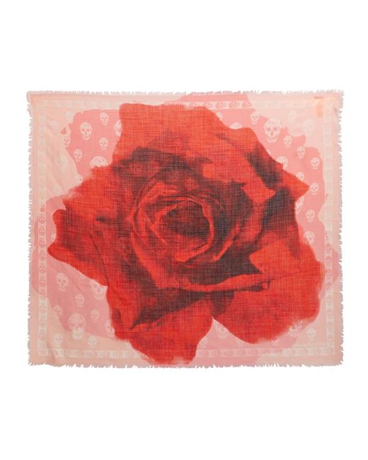 Alexander McQueen Red Rose And Skull-print Wool Scarf