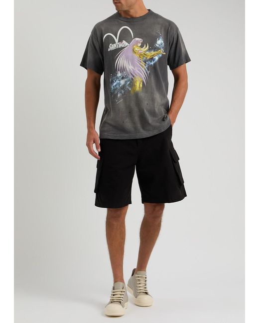 SAINT Mxxxxxx Gray Saint Seiya Printed Distressed Cotton T-Shirt for men