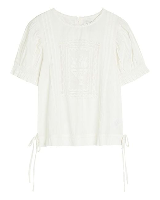 Damson Madder White Mabel Lace-Insert Cotton Blouse