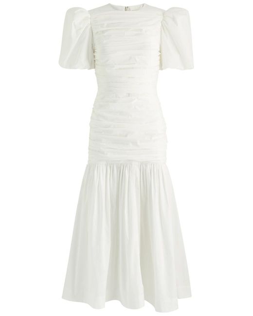 De La Vali White Mencia Ruched Cotton Midi Dress