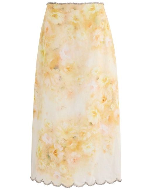 Zimmermann Natural Crush Floral-Print Linen Midi Skirt