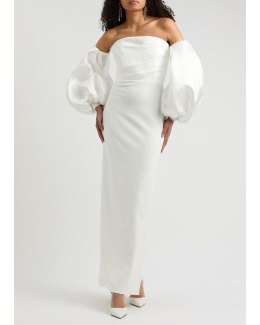 Solace London White Carmen Off-The-Shoulder Satin And Crepe Maxi Dress