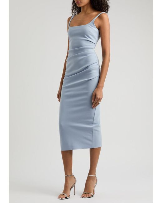 Bec & Bridge Blue Karina Tuck Ruched Midi Dress