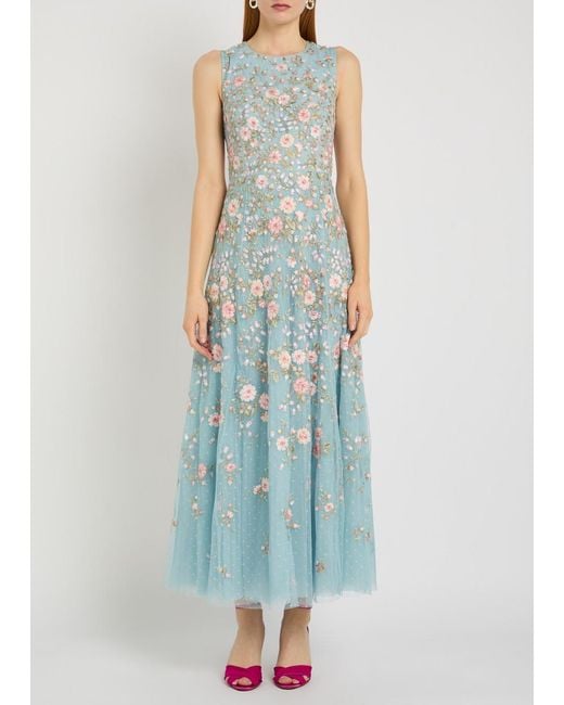 Needle & Thread Blue Eden Rose Embroidered Cape-Effect Tulle Gown