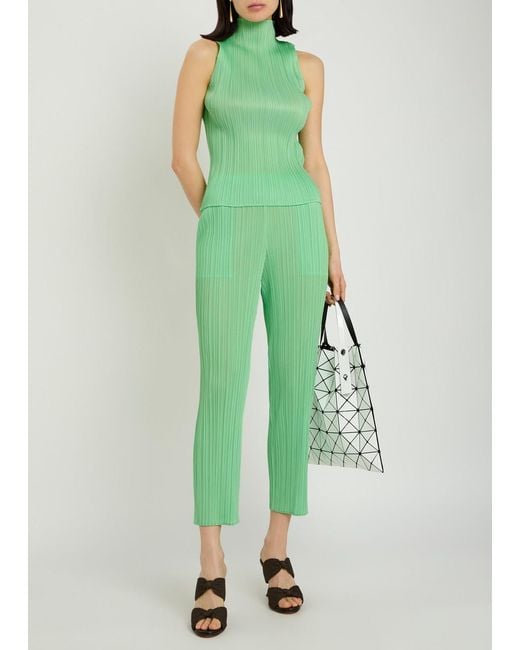 Pleats Please Issey Miyake Green Pleated Tapered-Leg Woven Trousers