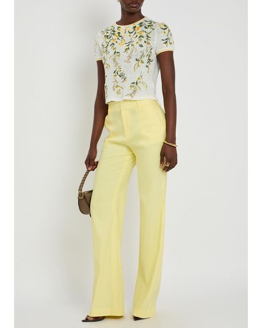 Alice + Olivia White Cindy Floral-Embroidered Linen T-Shirt