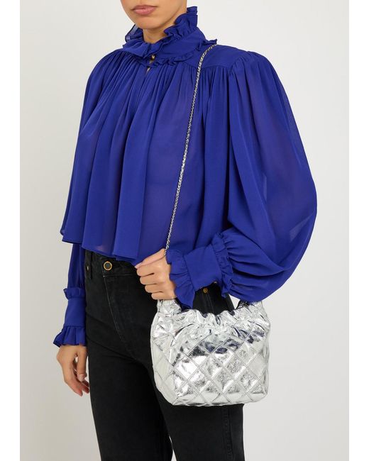 Tory Burch Gray Fleming Mini Metallic Leather Hobo Bag