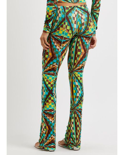 Siedres Green Printed Flared-Leg Stretch-Jersey Trousers