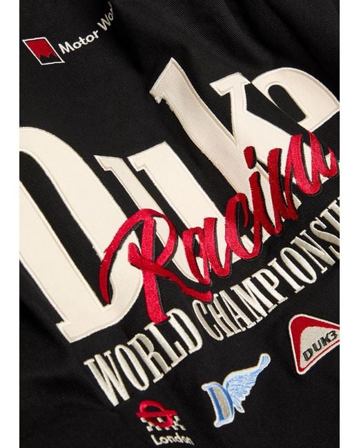 Duke & Dexter Black Racing Patchwork Appliqués Cotton Varsity Jacket for men