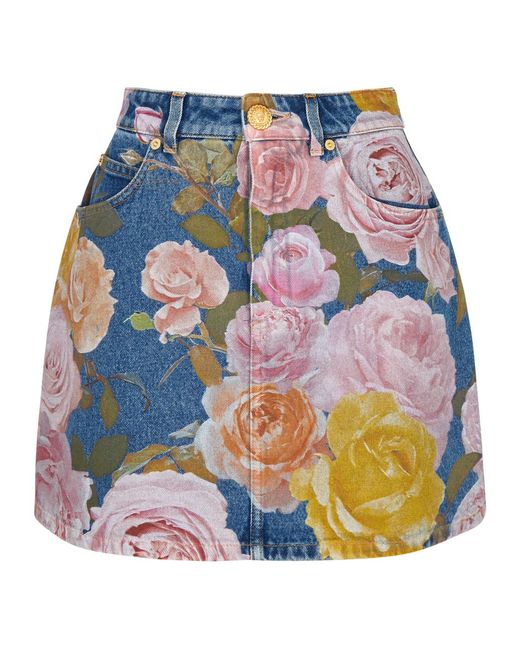 Balmain Blue Floral-Print Denim Mini Skirt