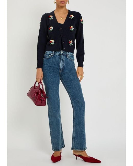 Rixo Blue Merinda Floral-Appliquéd Wool Cardigan