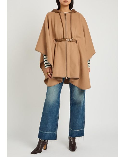 Moncler Natural Hooded Belted Wool-Blend Cape Coat