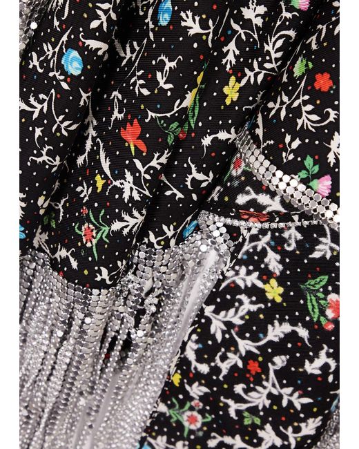 Rabanne Gray Floral-Print Fringed Silk Scarf