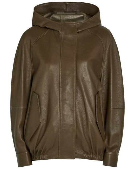 Nour Hammour Green Hooded Grained Leather Jacket