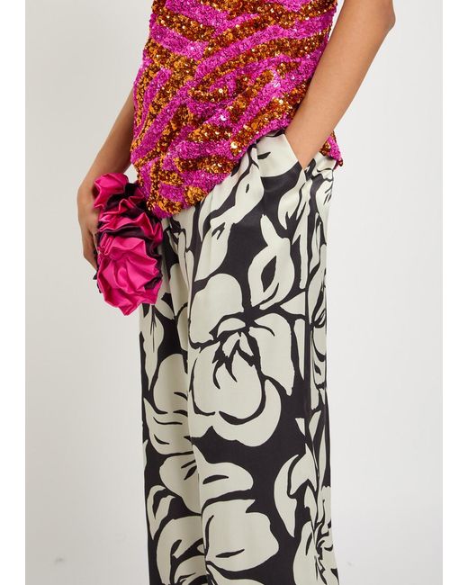 Dries Van Noten White Peaches Floral-Print Wide-Leg Satin Trousers