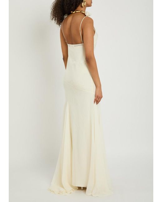 De La Vali White Dia Embroidered Appliquéd Silk Maxi Dress